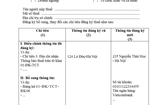 Mẫu 08-MST Tờ khai điều chỉnh thông tin đăng ký thuế