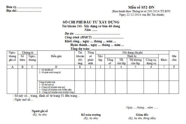 Sổ chi phí đầu tư xây dựng (Mẫu số S52-DN)