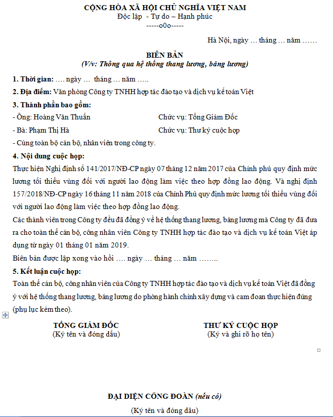 Biên bản thông qua hệ thống thang bảng lương