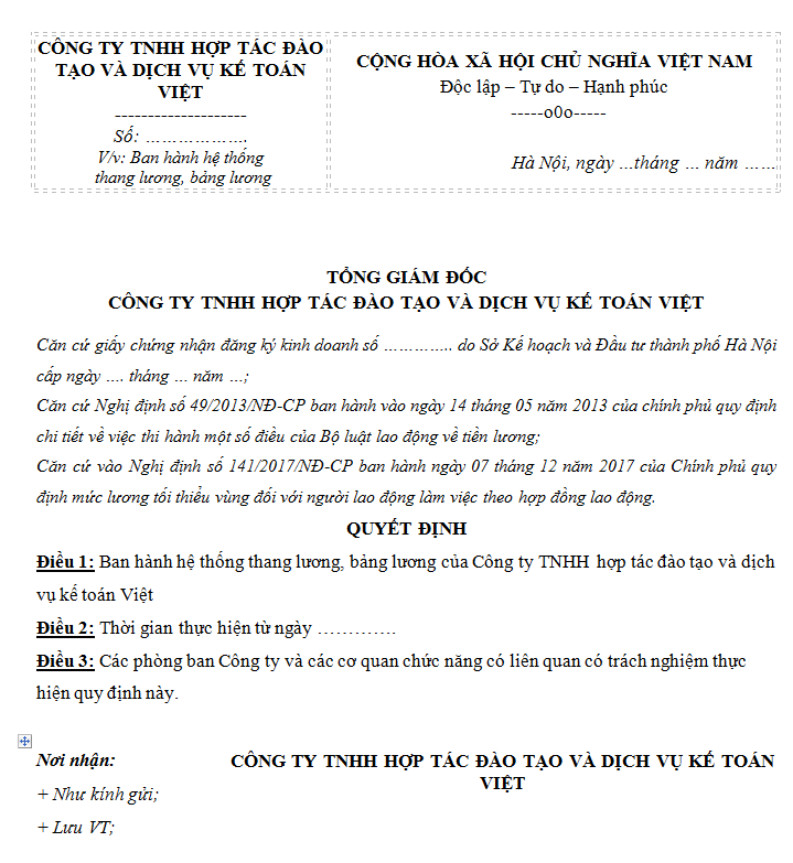 Quyết định ban hành hệ thống thang, bảng lương