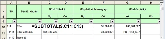 ví dụ hàm subtotal trong excel