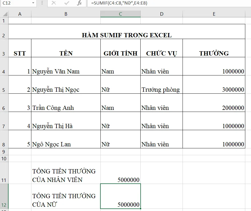 hàm sumif trong excel